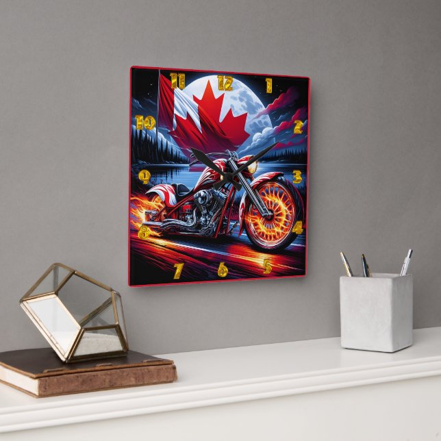 Horloge Carrée Motocyclette vibrante avec drapeau canadien près d (Bureau)