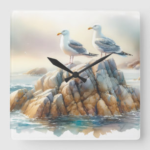Horloge Carrée Mouettes côtières aquarelle paysage marin