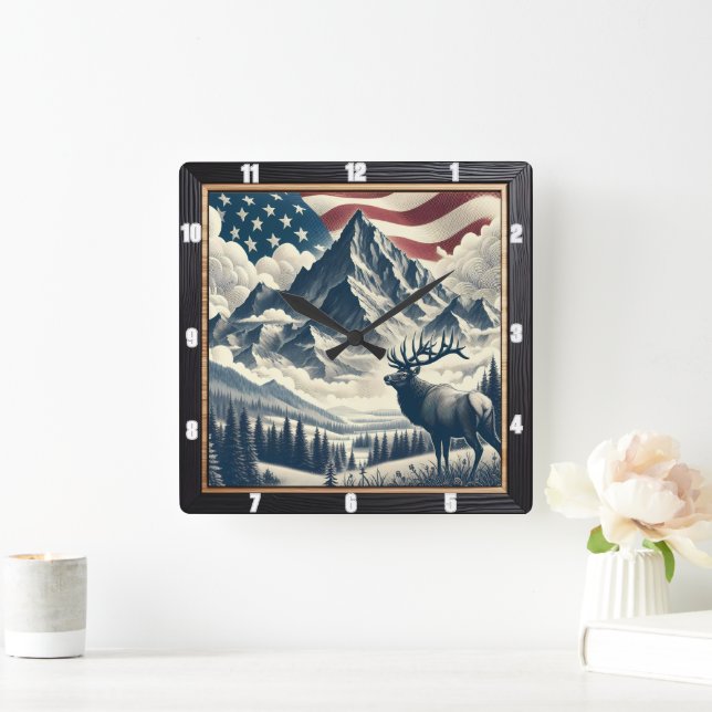 Horloge Carrée Mountain Moose Patriotic Rustic (Maison)