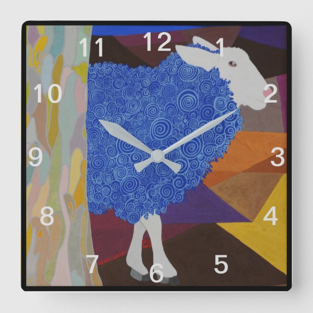 Horloge Carrée Mouton de laine bleu - Nombres gris (Recto)
