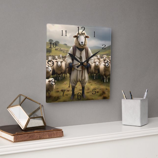 Horloge Carrée Moutons Drôle Shepard Avec Son Troupeau De Moutons (Bureau)