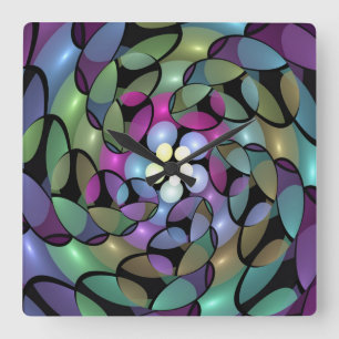 Horloge Carrée Mouvements colorés Abstrait Trippy Fractal Art
