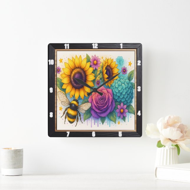 Horloge Carrée Mur du jardin d'abeilles de tournesol (Maison)