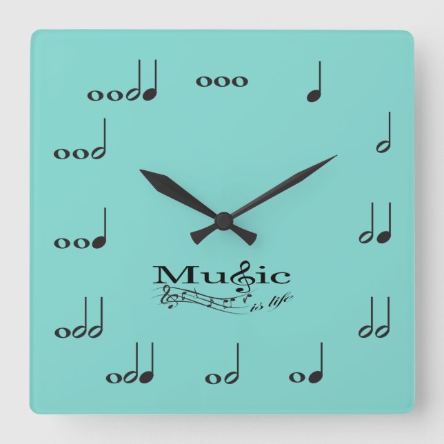 Horloge Carrée Music Notes with Music is Life dit : (Recto)