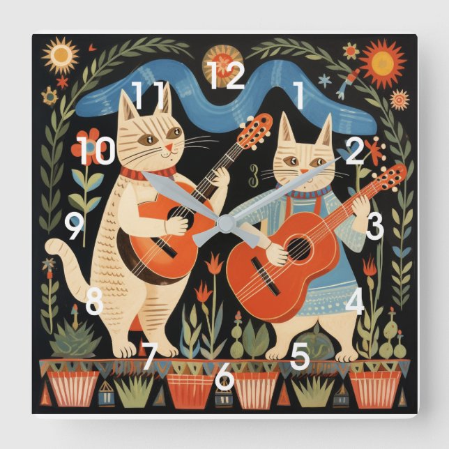 Horloge Carrée Musical Cats Folk Art (Recto)