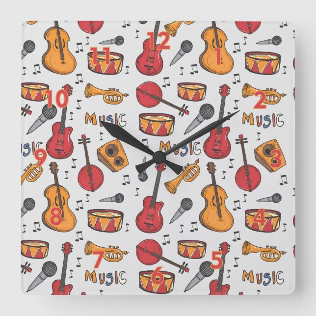 Horloge Carrée Musique cool Thématique Banjo Drums Guitare Violon (Recto)