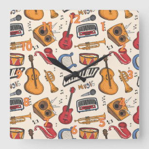 Horloge Carrée Musique cool Thématique Piano Drums Guitare Violon