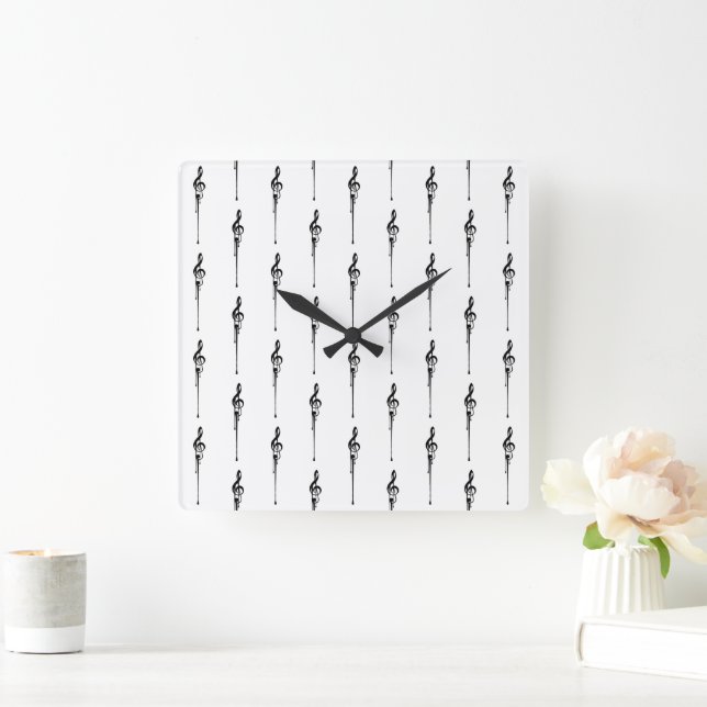 Horloge Carrée Musique Motif Melting Treble Clef noir et blanc (Maison)