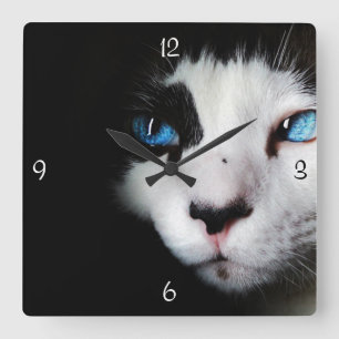 Horloge Carrée Mystérieux Blue Eyed Tuxedo Cat Clock