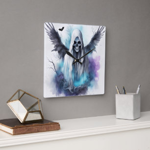 Horloge Carrée Mystic Halloween Ghost Gothique Aquarelle Art