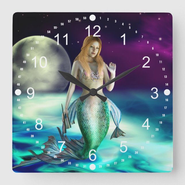Horloge Carrée Mystical Mermaid Ocean Waves Moon Beach Fantasy (Recto)