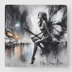 Horloge Carrée Mystique ailée fille noir et blanc urbain