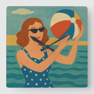 Horloge Carrée Nageur vintage avec ballon de plage
