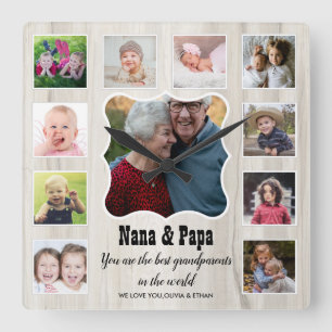 Horloge Carrée Nana Papa Best Grandparents 11 Photo Collage Wood