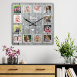 Horloge Carrée Nana We Love You 12 Photo Collage Grey Wood<br><div class="desc">horloge photo en bois rustique personnalisée avec 12 photos,  noms de petits-enfants et 'Nana Nous vous aimons ' typographie.</div>