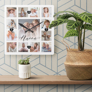 Horloge Carrée Nanna Script Family Memory Photo Grid Collage