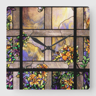 Horloge Carrée Nature de Tiffany en verre souillé de Nouveau