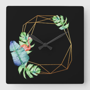 Horloge Carrée Nature Tropical Black Gold Flamingo Leaf