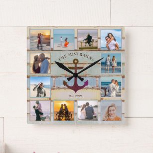Horloge Carrée Nautical Anchor Vintage Wood 12-photo Collage