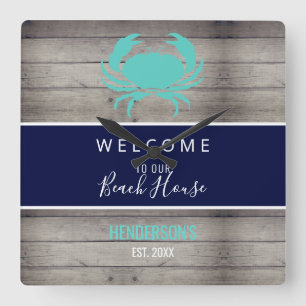 Horloge Carrée Nautical Beach Rustique Bois Nom de la famille