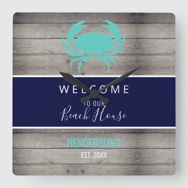 Horloge Carrée Nautical Beach Rustique Bois Nom de la famille (Recto)