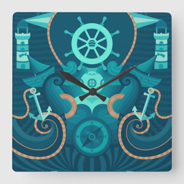 Horloge Carrée Nautical Blue Design (Recto)