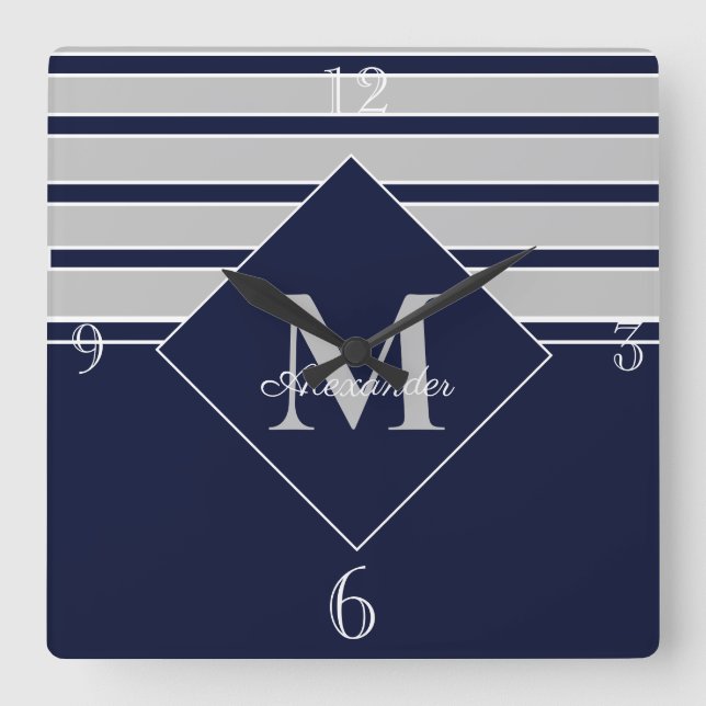 Horloge Carrée Nautical Modern Navy Gray monogramMonogrammed Red (Recto)