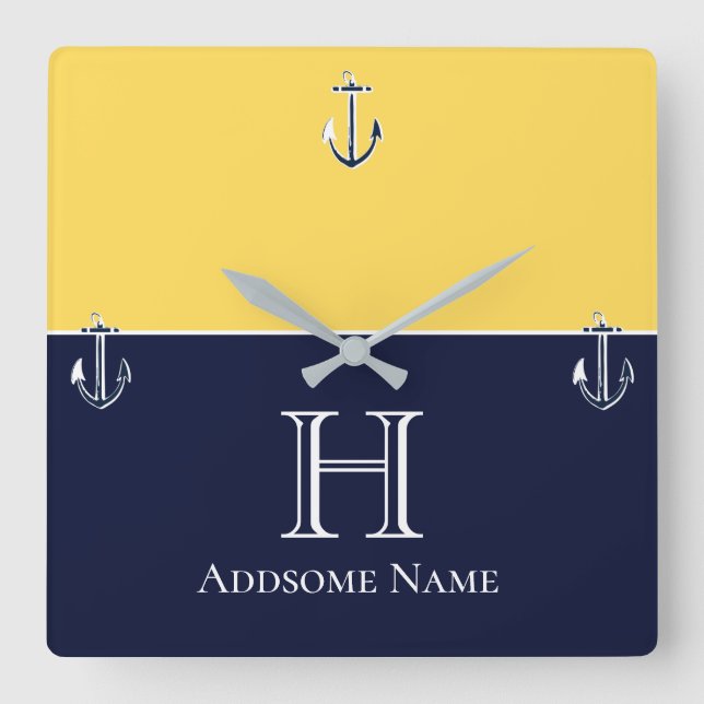 Horloge Carrée Nautical Navy Blue Mustard Yellow Anchor monogram (Recto)
