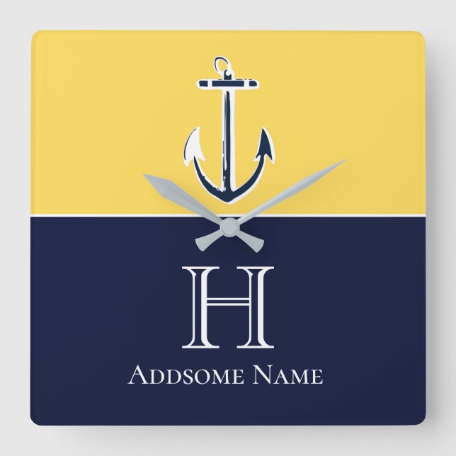 Horloge Carrée Nautical Navy Blue Mustard Yellow Anchor monogram (Recto)