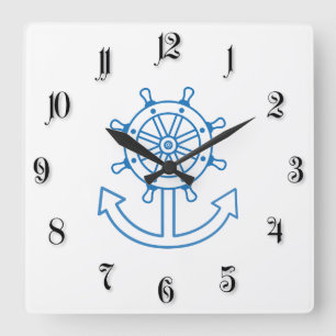 Horloge Carrée Nautical ship wheel and anchor