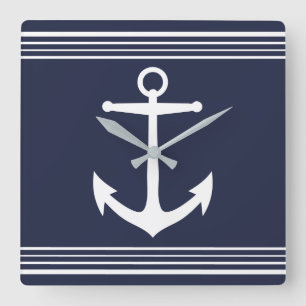 Horloge Carrée Nautical White Anchor et Stripes Navy Blue