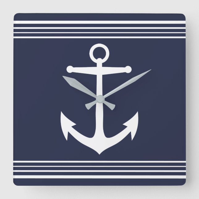 Horloge Carrée Nautical White Anchor et Stripes Navy Blue (Recto)