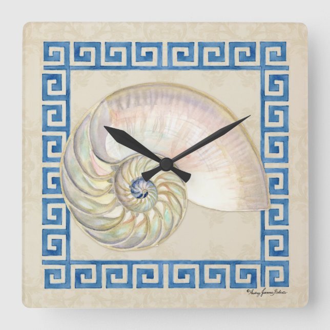 Horloge Carrée Nautilus Shell aquarelle grecque clé Damask plage (Recto)