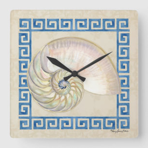 Horloge Carrée Nautilus Shell aquarelle grecque clé Damask plage
