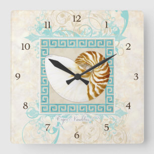 Horloge Carrée Nautilus Shell aquarelle grecque clé Damask plage