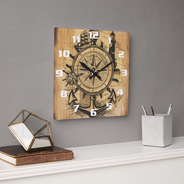 Horloge Carrée Nautique rustique  (Bureau)