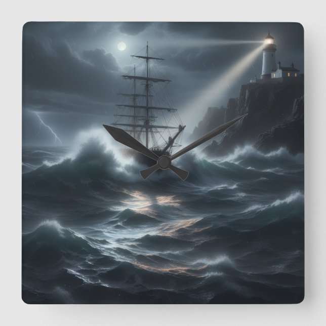Horloge Carrée Navire dans une tempête guidé par un phare - (Recto)