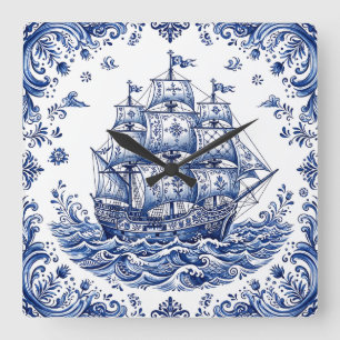 Horloge Carrée Navire marchand de style Delft bleu blanc
