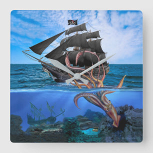 Horloge Carrée Navire pirate contre le calmar géant