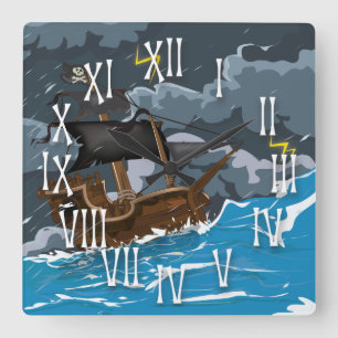 Horloge Carrée Navire Pirate dans la Tempête