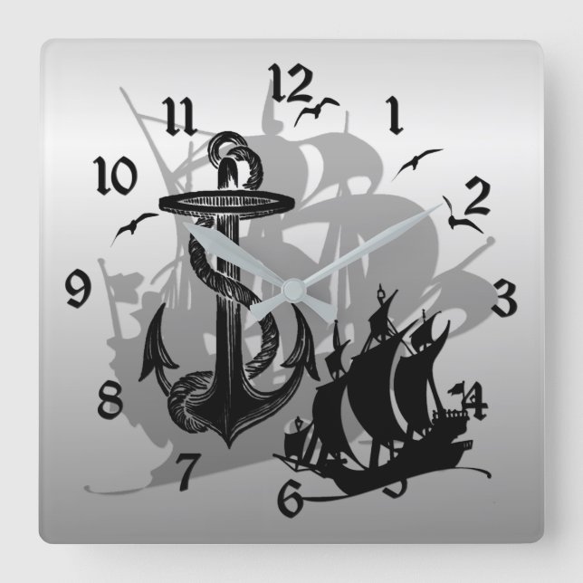 Horloge Carrée Navire pirate et Ancre Black Silhouette cadenas (Recto)
