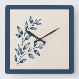 Horloge Carrée Navy Blue Foliage Minimalist Square Clock
