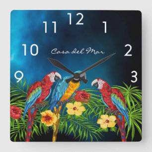 Horloge Carrée Navy blue parrots birds summer house name