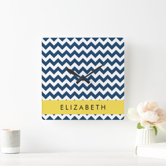 Horloge Carrée Navy Blue Zigzag, Navy Blue Chevron, Votre nom (Maison)