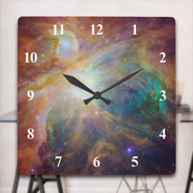 Horloge Carrée Nebula Orion avec chiffres blancs (Orion Nebula with White Numbers Square Wall Clock)