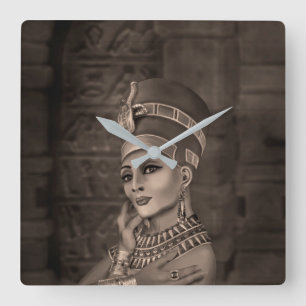Horloge Carrée Nefertiti - la reine égyptienne - sépia