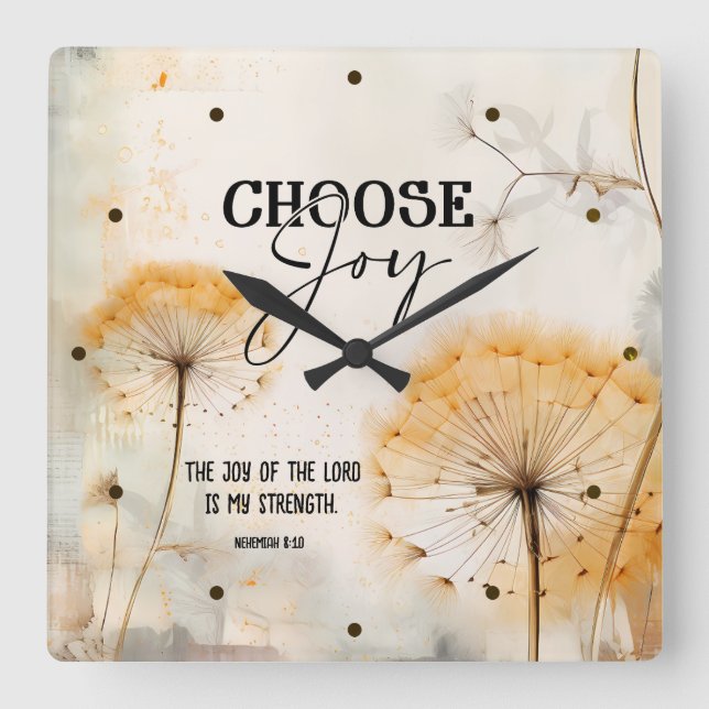 Horloge Carrée Néhémie 8:10 Joie du Seigneur Bible Dandelion (Recto)