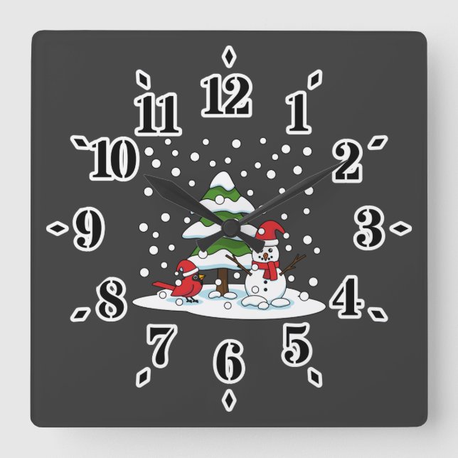 Horloge Carrée Neige tombant sur Cardinal, Snowman et Pine Tree (Recto)