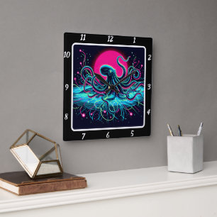 Horloge Carrée Neon Kraken Octopus Abyss