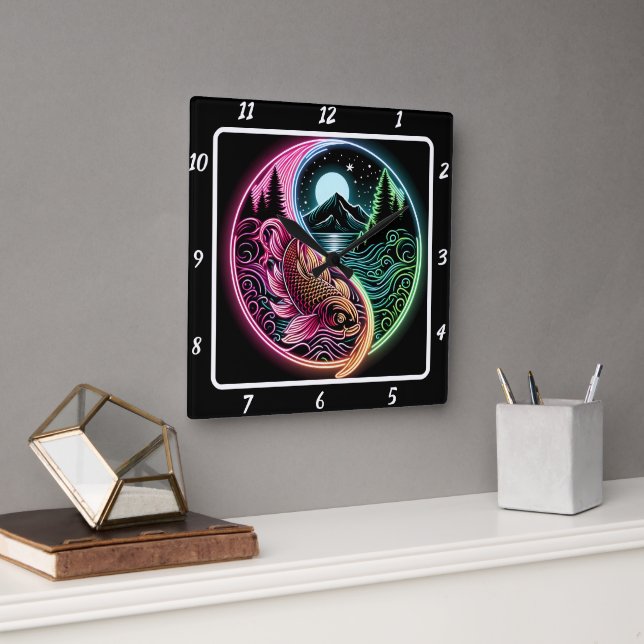 Horloge Carrée Neon Radiant Koi Gold Fish (Bureau)